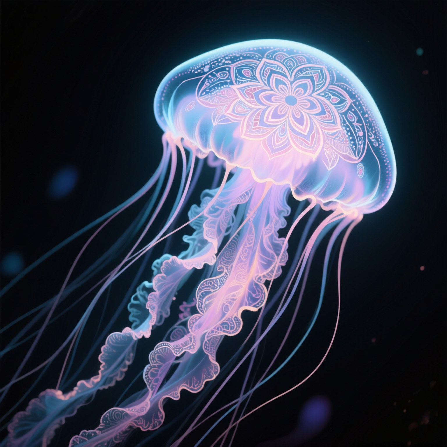 Mandala Jellyfish 壁紙 — 一隻發光的水母帶有複雜的曼陀羅圖案，在黑暗的海洋背景下輕輕脈動。