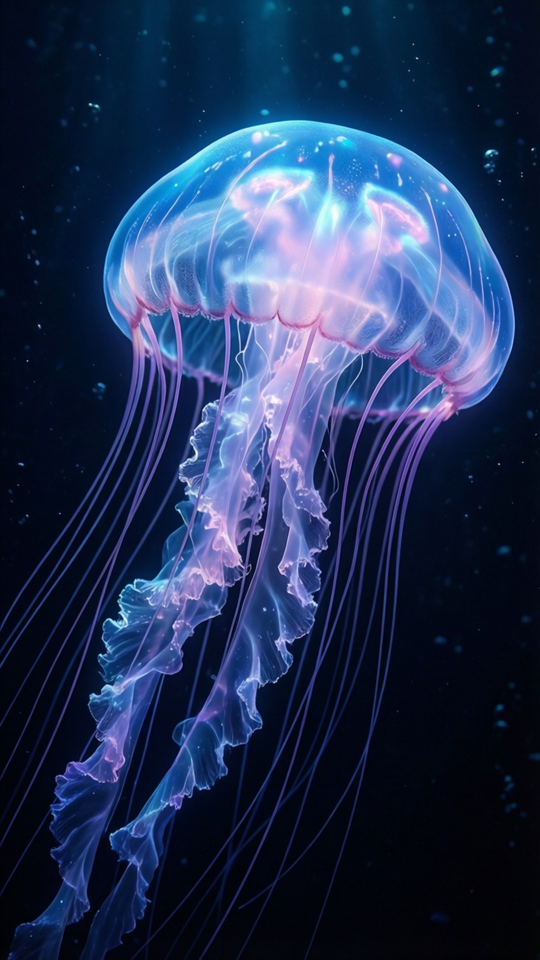 一隻發光的水母，帶有藍色和粉紅色觸手，在黑暗海水中漂流。 — Oled 壁紙