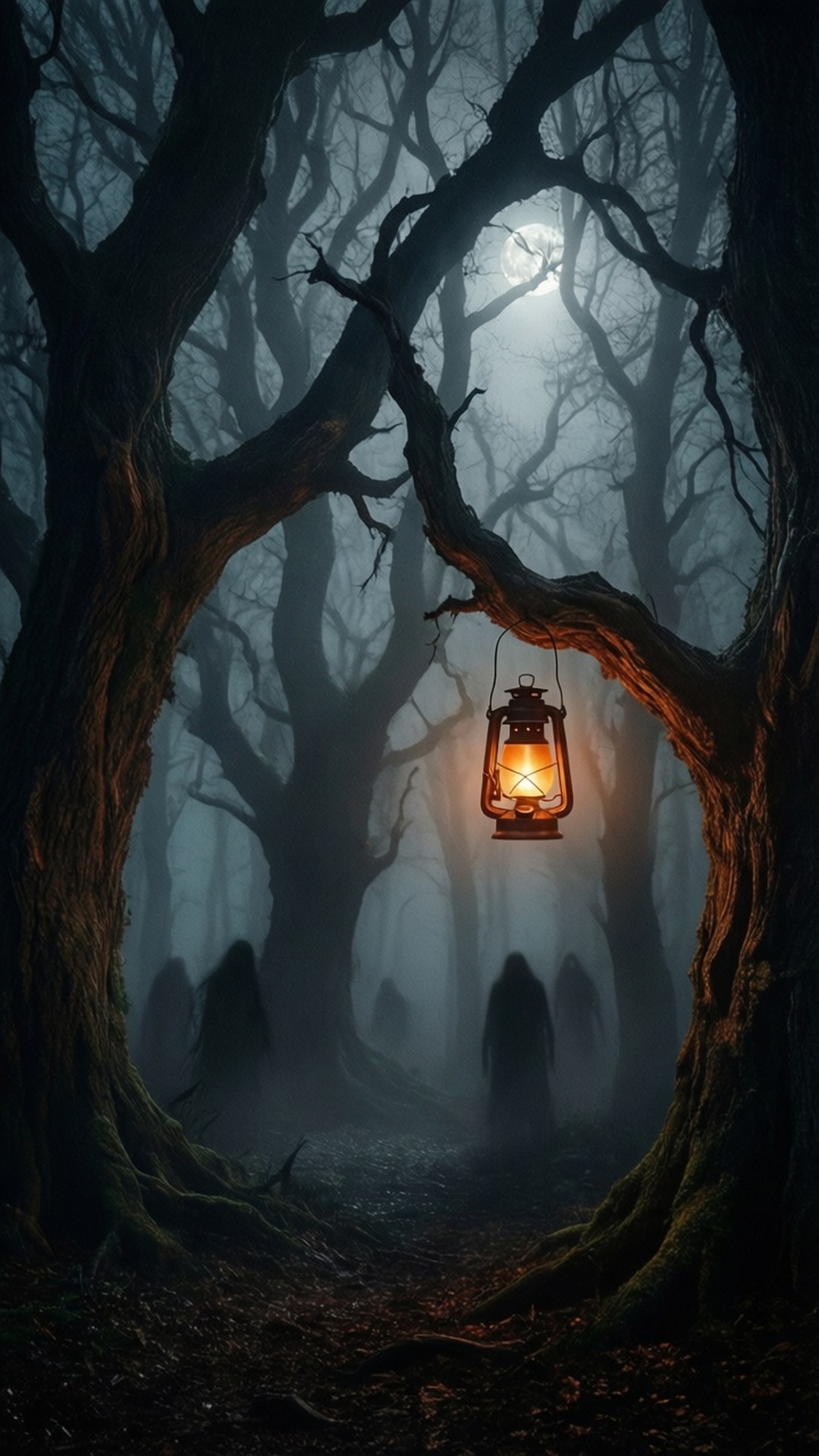 Nightfall in the Haunted Woods 壁紙 — 一個發光的燈籠掛在扭曲的樹枝上，處於迷霧籠罩、月光照耀的森林中，陰影般的人物在霧中隱現。