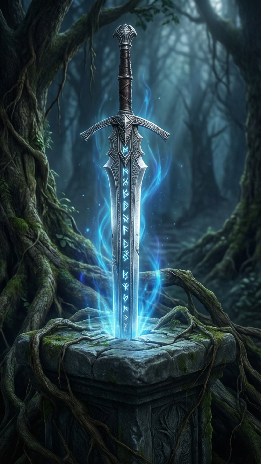 Aerondight Sword Altar 壁紙 — 一把帶有符文的發光魔法劍直立在長滿青苔的石基座上，位於迷霧籠罩的古老森林中。