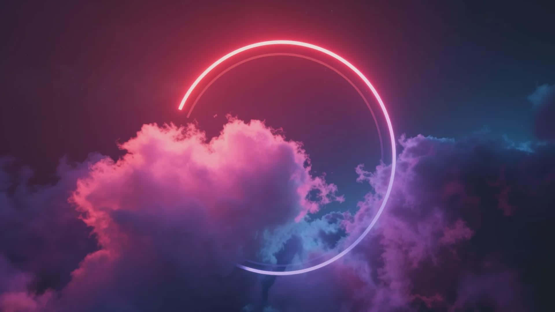  壁紙 — 一個發光的霓虹環在超現實的天空中劃出弧線，以賽博龐克的光芒照亮粉紅色和紫色的雲彩。