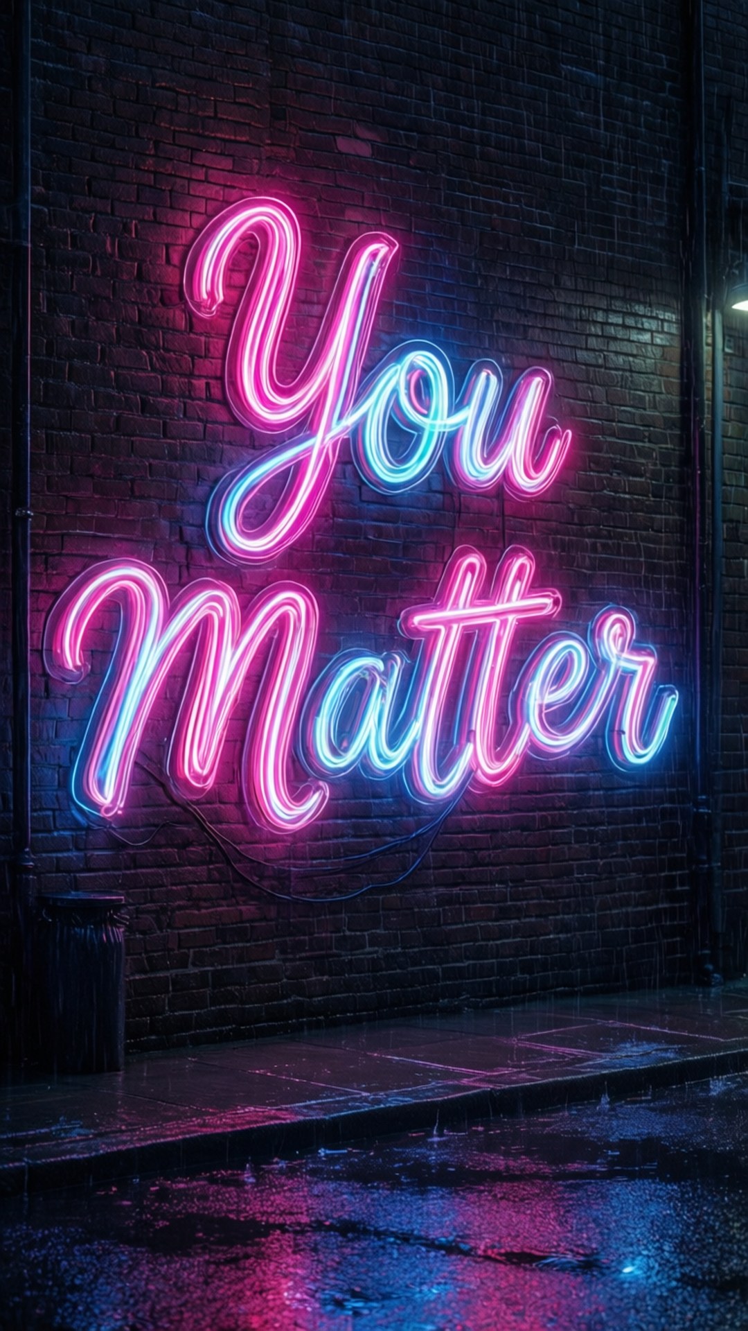 you matter 桌布 壁紙 — 一個發光的霓虹燈牌，上面用粉紅色和藍色寫著「You Matter」，在夜晚潮濕的城市人行道上投射出鮮豔的倒影。