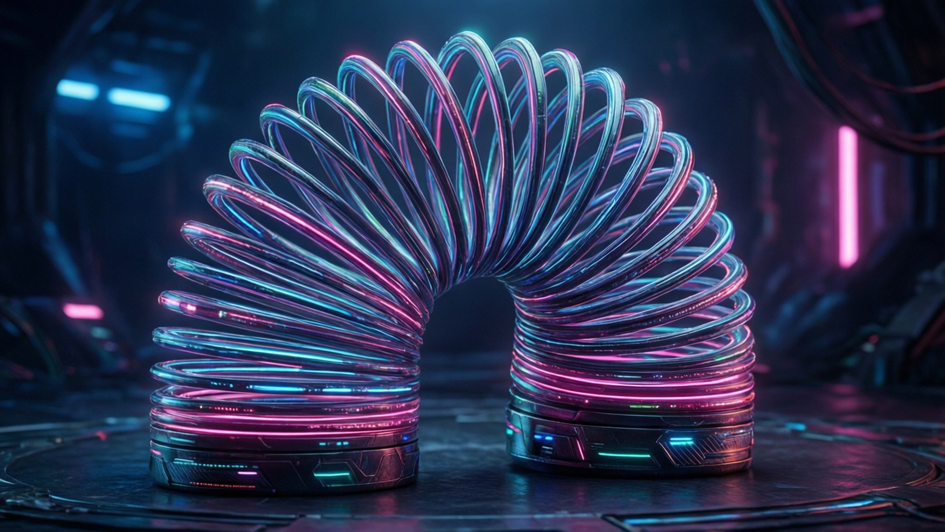 Slinky 桌布 壁紙 — 發光的霓虹螺旋結構在一個帶有藍色和粉紅色燈光的未來科幻實驗室中拱起。