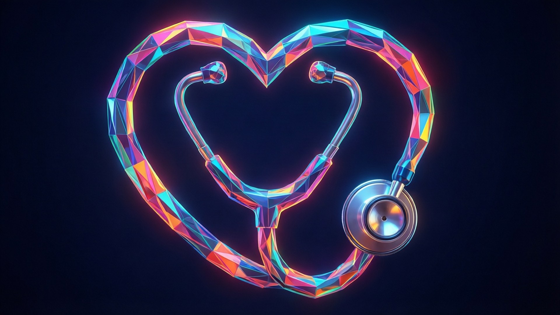 Stethoscope Heart 桌布 壁紙 — 一個發光的霓虹燈心形聽診器，帶有切割彩虹色，背景為深色。