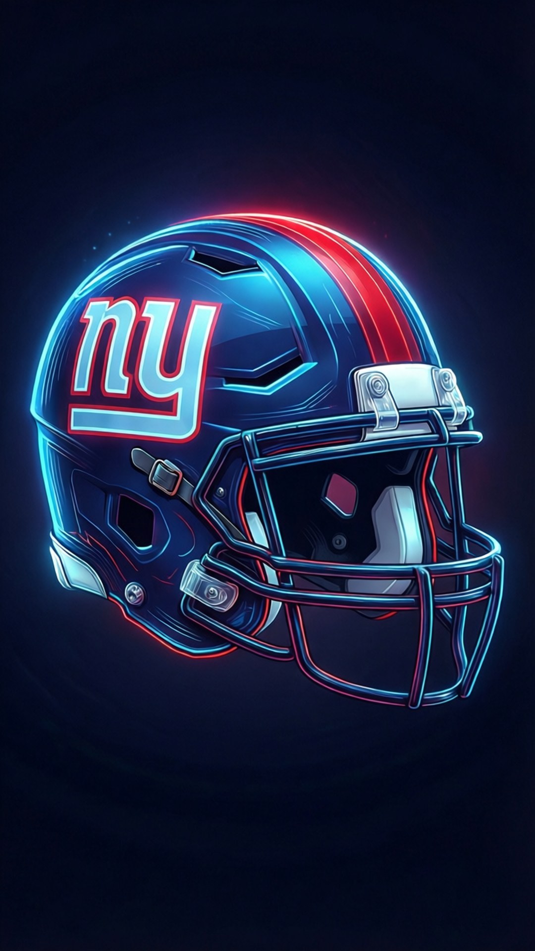 Neon Giants Helmet 壁紙 — 在黑暗背景中發光的紐約巨人隊美式足球頭盔，帶有霓虹藍和紅色點綴。