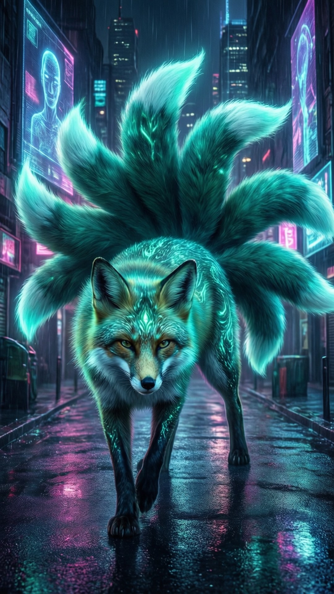 Neon Cyber Fox 壁紙 — 一隻發光的九尾狐穿過一個被雨水浸透的霓虹城市景觀，周圍有發光的全息廣告牌。