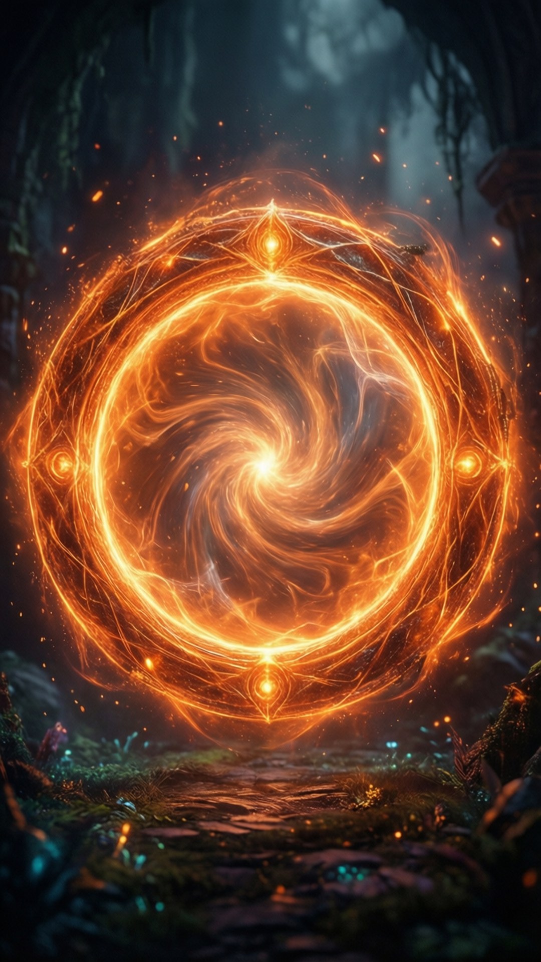 Portal Orange Circle 壁紙 — 一個發光的橙色神秘傳送門在黑暗的魔法森林中旋轉，帶有火焰般的能量。