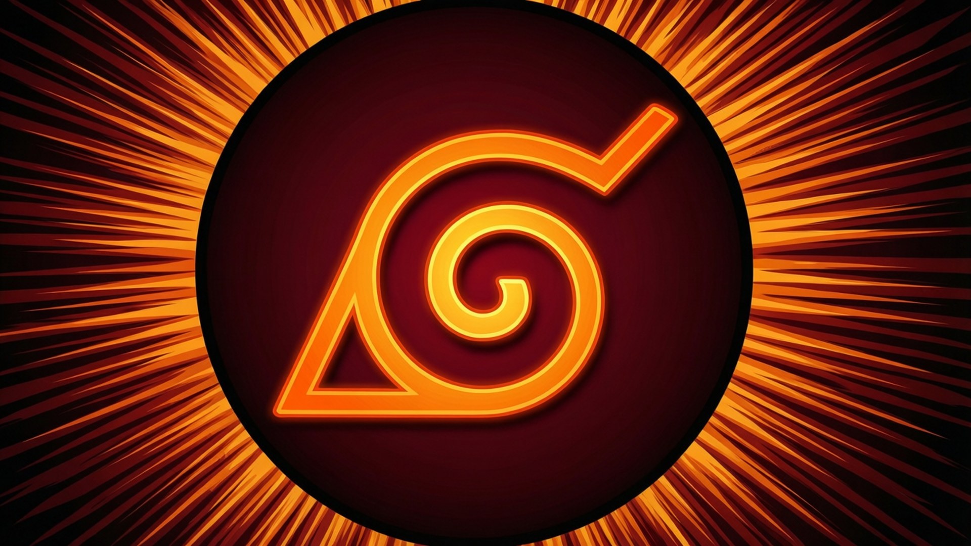 Uzumaki Spiral Sunburst 壁紙 — 一個發光的橙色螺旋符號從黑暗的圓形中心向動態的太陽光背景散發出熾熱的光芒。