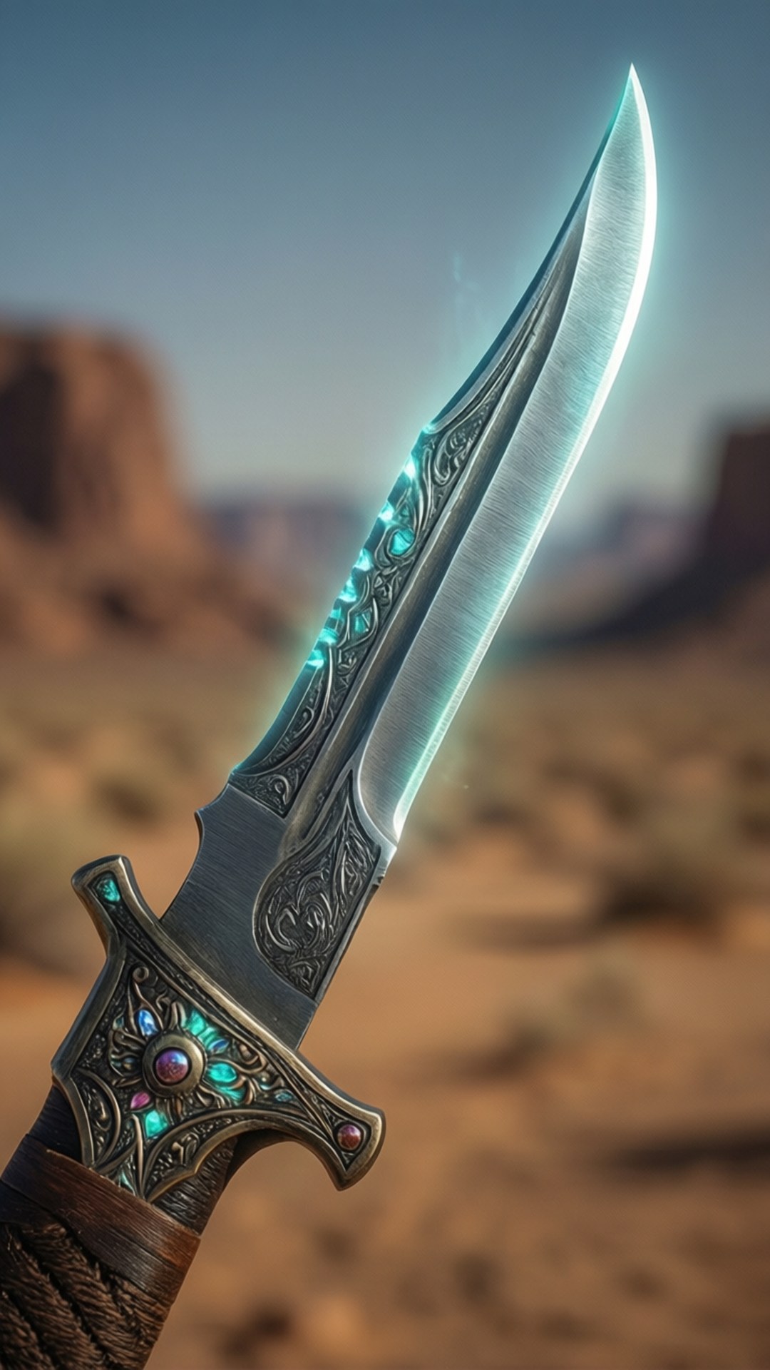 Crysknife Detail 壁紙 — 一把發光的華麗匕首，鑲有綠松石鑲嵌和精緻雕刻，在模糊的沙漠峽谷背景下顯得鋒利。