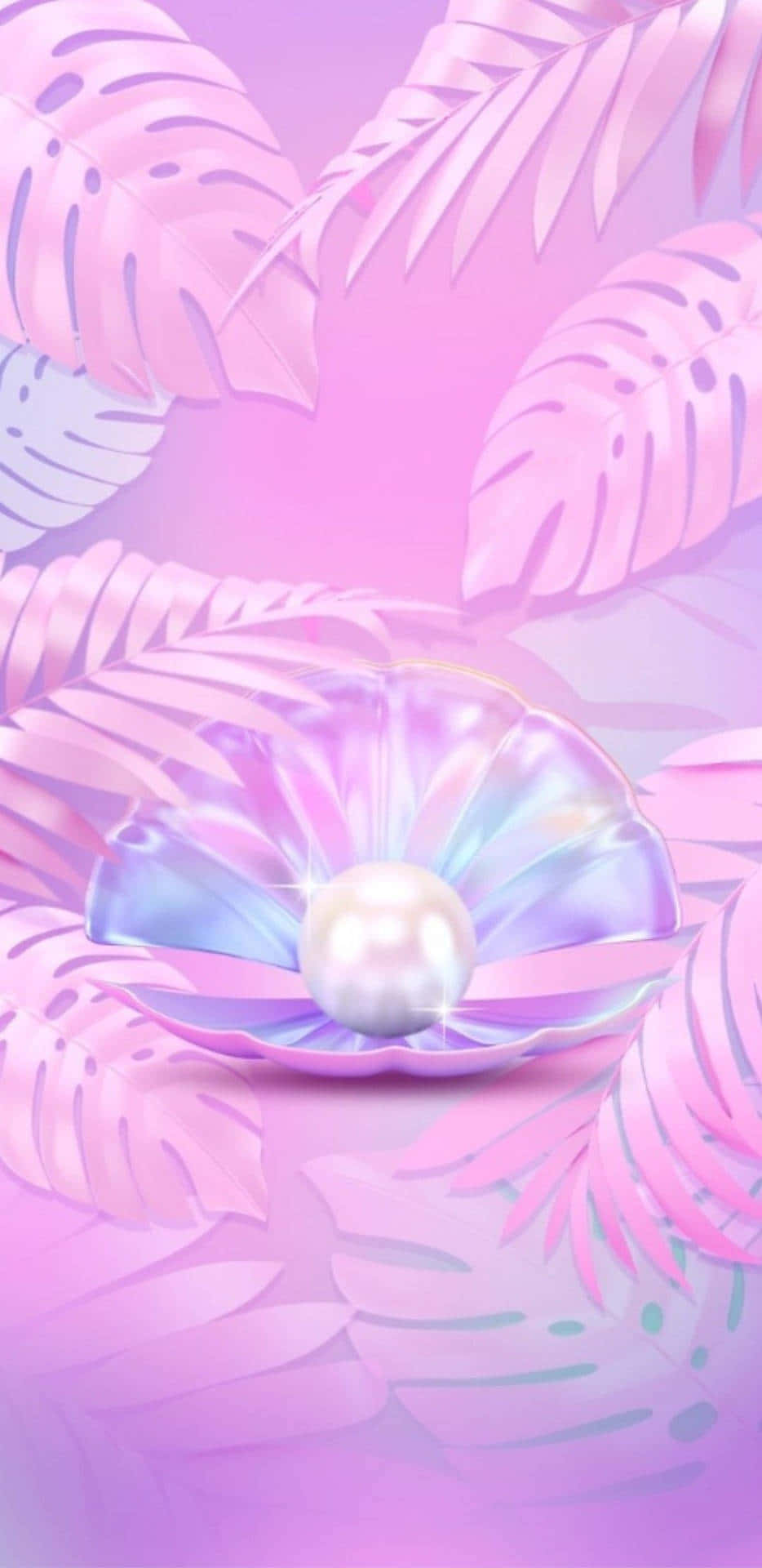  壁紙 — 一顆發光的珍珠躺在半透明的貝殼中，周圍環繞著漂浮的粉紅色龜背竹葉，背景是柔和的漸變色。