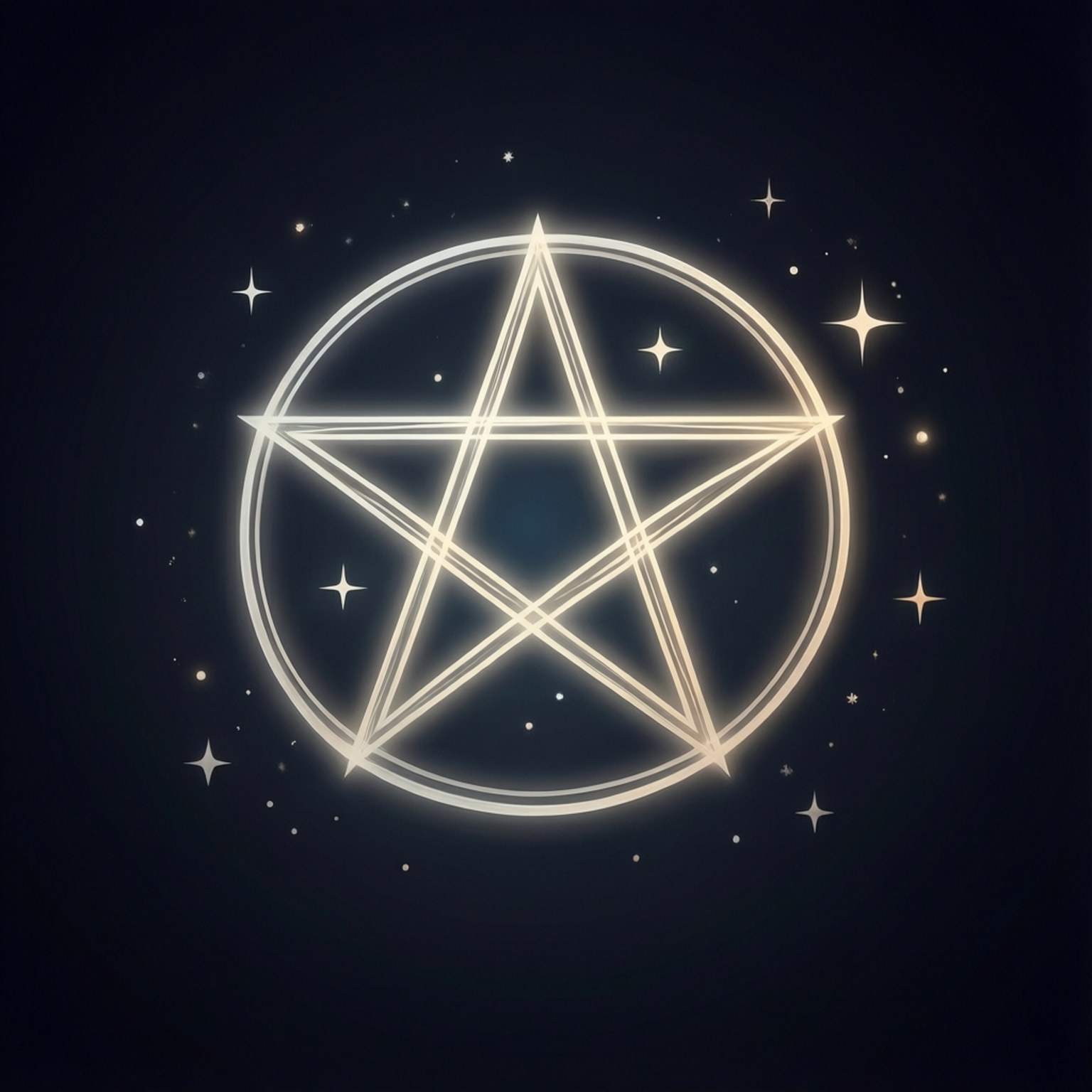 Minimalist Wiccan Star 壁紙 — 一個發光的五角星被圓圈包圍，在黑暗的星空夜空中散發光芒。