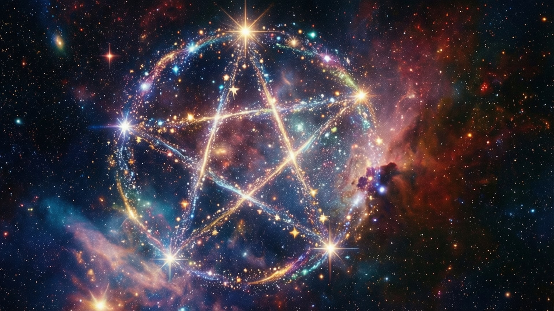 Cosmic Star Pentagram 壁紙 — 由星星和宇宙塵埃形成的發光五角星漂浮在充滿彩色氣體雲和遙遠恆星的生動星雲中。
