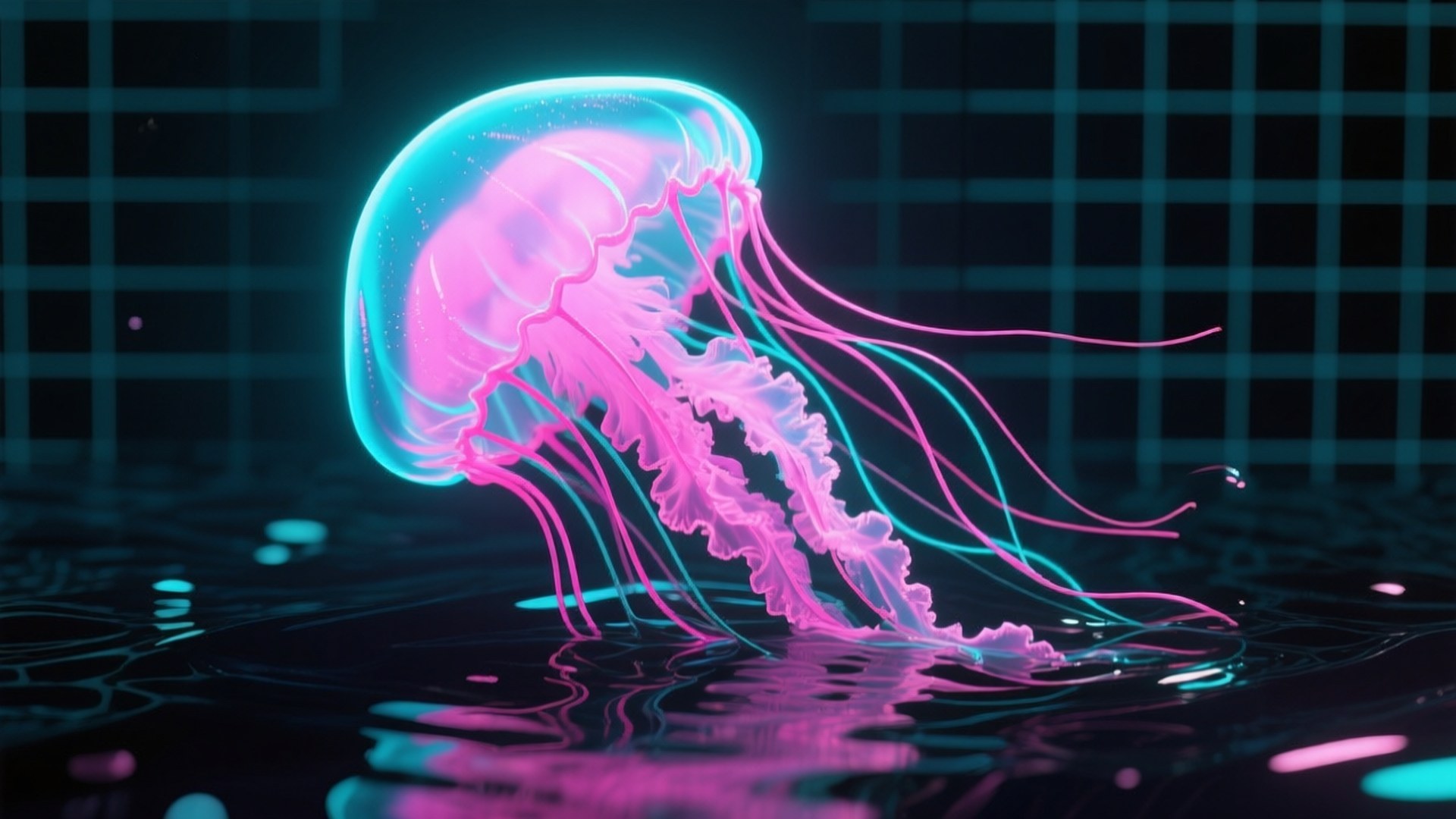 Vaporwave Jellyfish 壁紙 — 發光的粉紅色和青色水母漂浮在帶有網格線的暗水上。