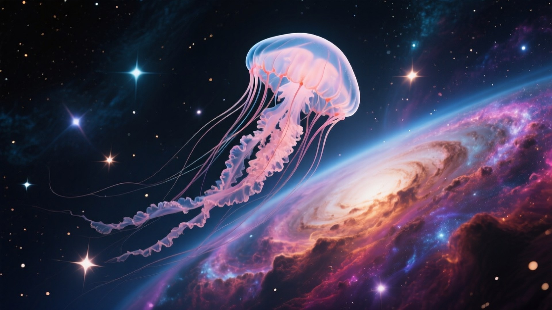 Cosmic Jellyfish 壁紙 — 一隻發光的粉紅色水母在繁星點點的宇宙中，旁邊有一個旋轉的星系，寧靜地漂浮。
