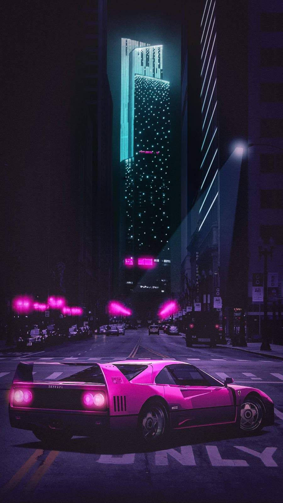 粉紅色跑車在夜晚霓虹燈閃爍的城市街道上 — JDM風格 壁紙