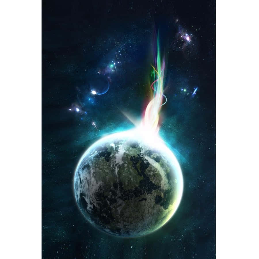  壁紙 — 一顆發光的行星向佈滿星辰的宇宙虛空發射出充滿活力的彩虹能量光束。