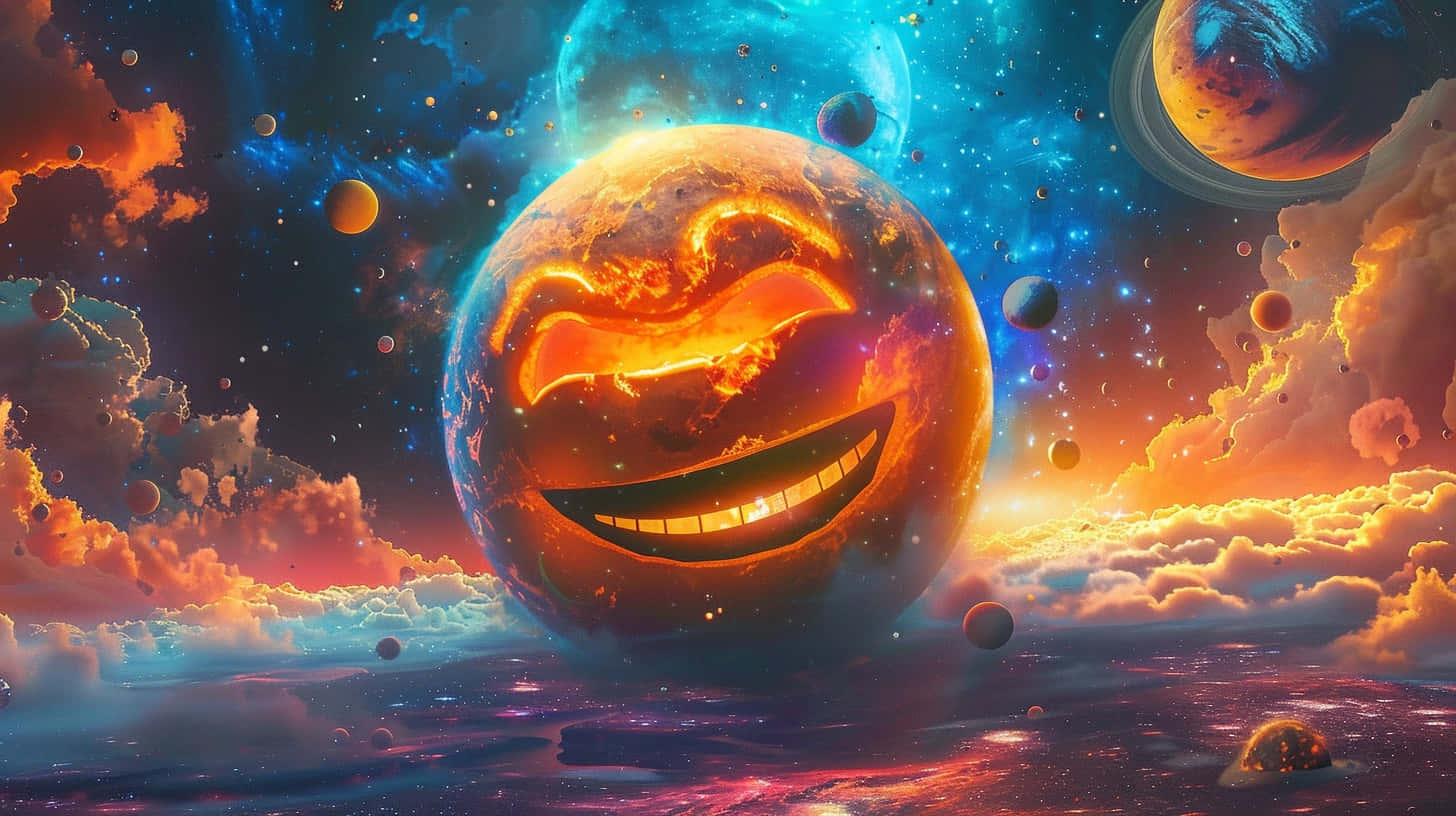  壁紙 — 一顆發光的行星帶著咧嘴露齒的笑容，漂浮在色彩繽紛的星雲和浮動球體之間，構成超現實的宇宙場景。