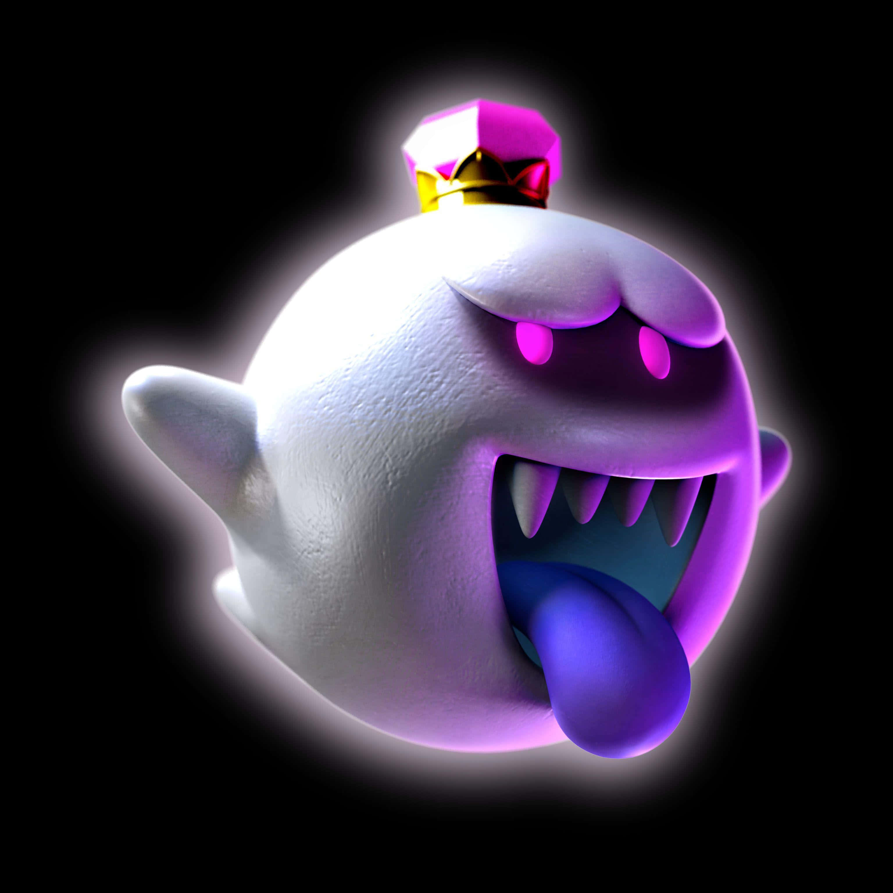 King Boo 桌布 壁紙 — 一個發光的紫色鬼魂戴著皇冠，在黑色背景上伸出舌頭。