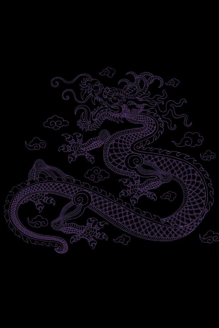 Dragon Aesthetic 桌布 壁紙 — 一條發光的紫色線條藝術龍在漆黑背景上優雅地盤旋於風格化的雲朵之間。