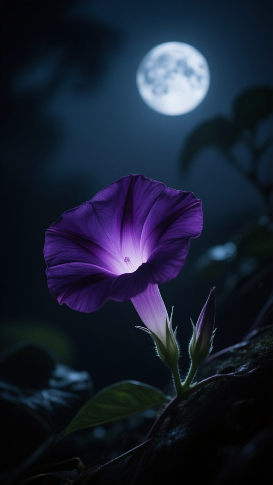 Moonlit Purple Morning Glory 壁紙 — 一朵發光的紫色月亮花在黑暗的夜花園中滿月下盛開。