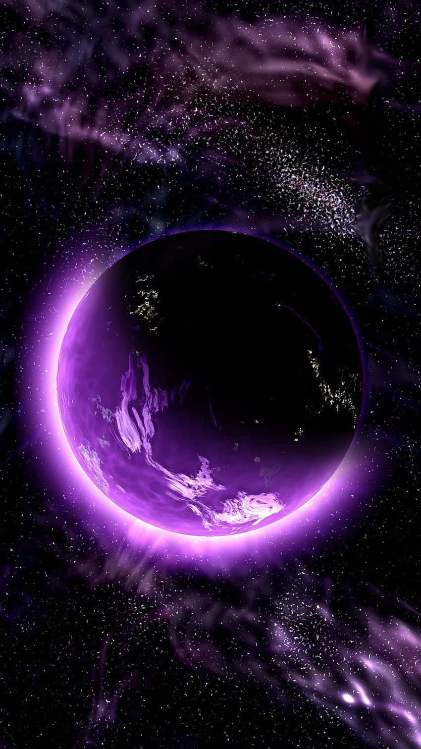 壁紙 — 一顆發光的紫色行星帶著旋轉的雲層，在充滿星光的宇宙星雲中運行，呈現出鮮豔的紫羅蘭色調。