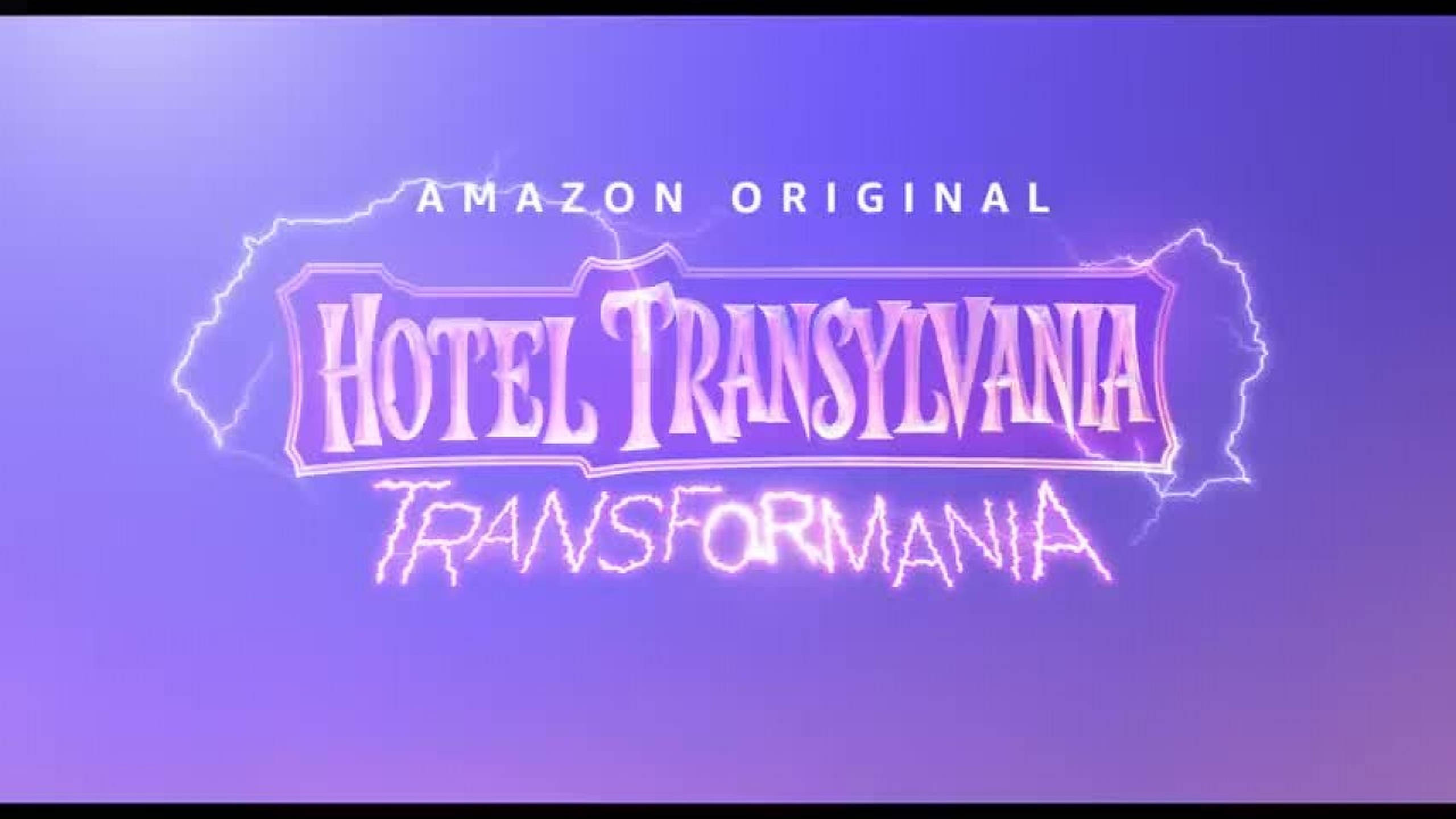 hotel transylvania transformania 桌布 壁紙 — 《Hotel Transylvania Transformania》的發光紫色標題卡，帶有閃電效果和 Amazon Original 文字。
