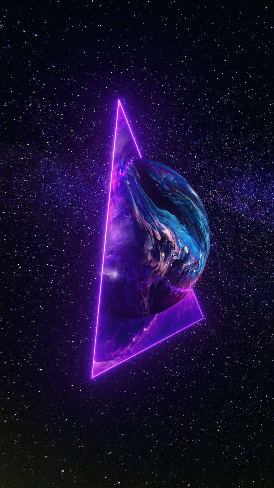  壁紙 — 一個發光的紫色三角形框住一個旋轉的藍色和黑色行星，背景是星光燦爛的宇宙。