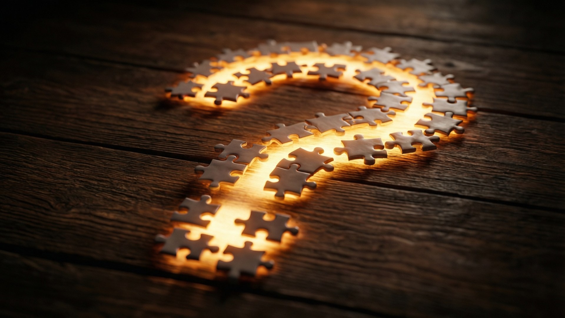 Question Everything 桌布 壁紙 — 一個由發光拼圖碎片組成的發光問號，放置在深色木質表面上。