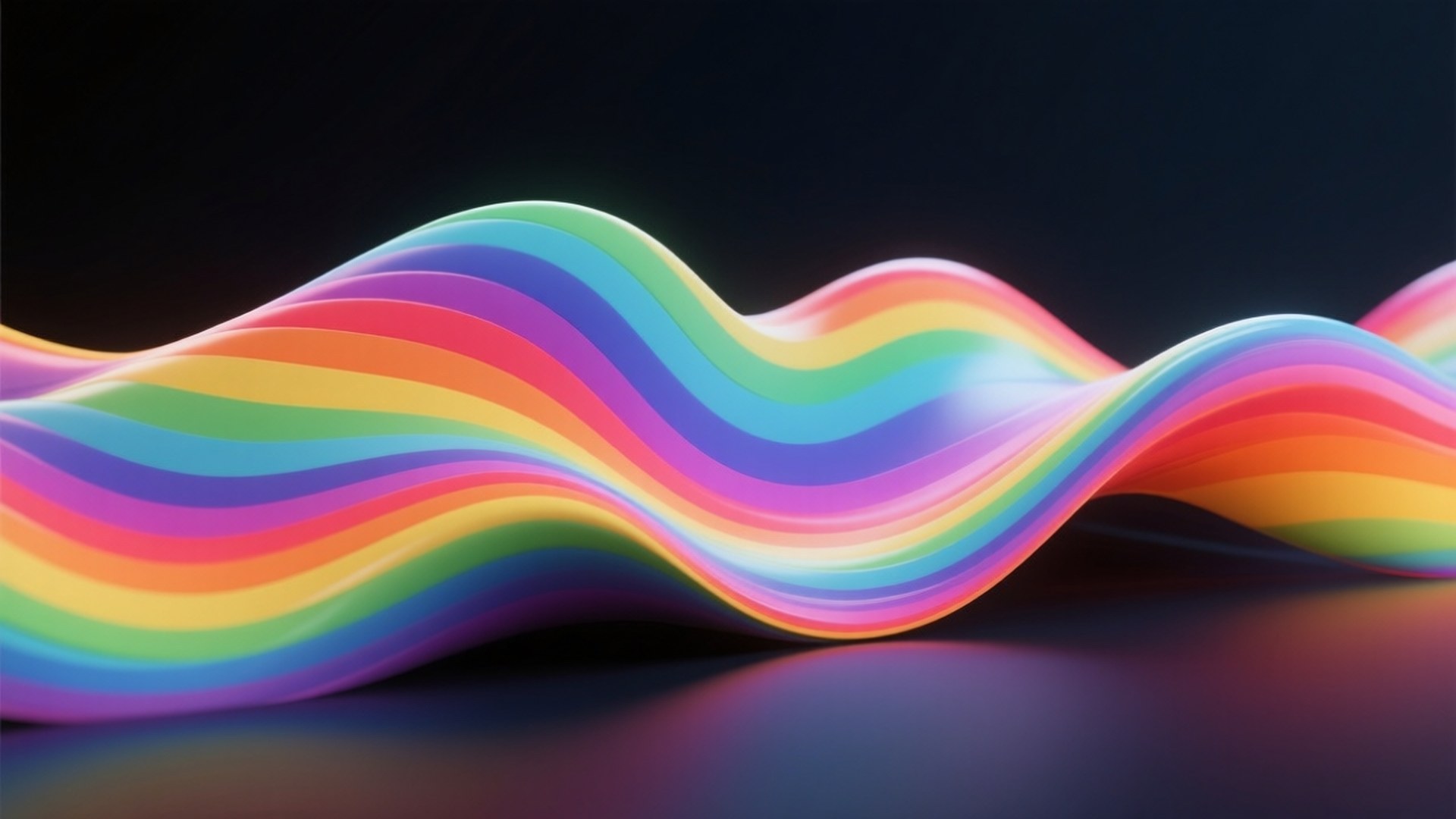Rainbow Wave Pattern 壁紙 — 一道發光的彩虹色波浪在黑暗的反光表面上平滑流動，帶有柔和的光線。