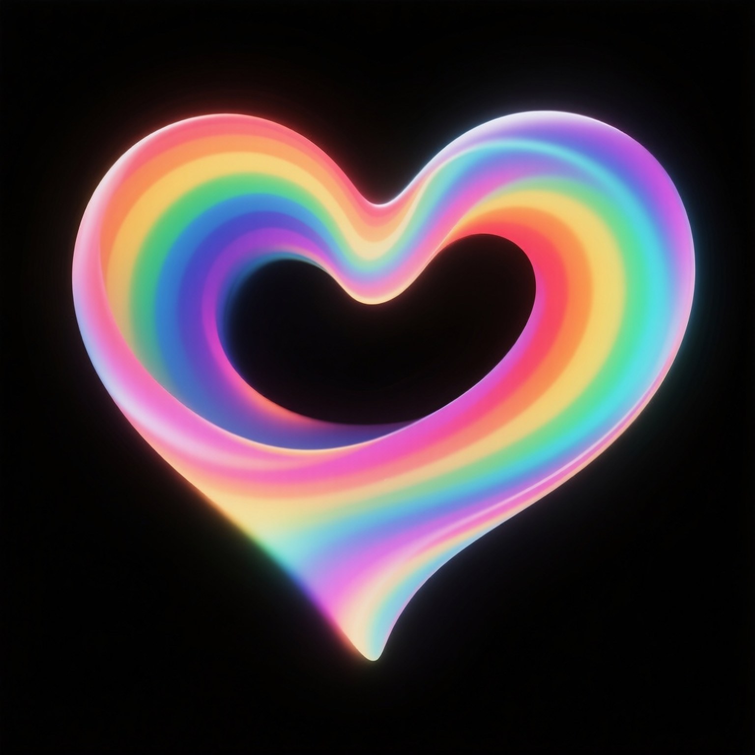 Rainbow Heart Swirl 壁紙 — 一個發光的彩虹心形，帶有旋轉的柔和色彩，漂浮在黑色背景上。
