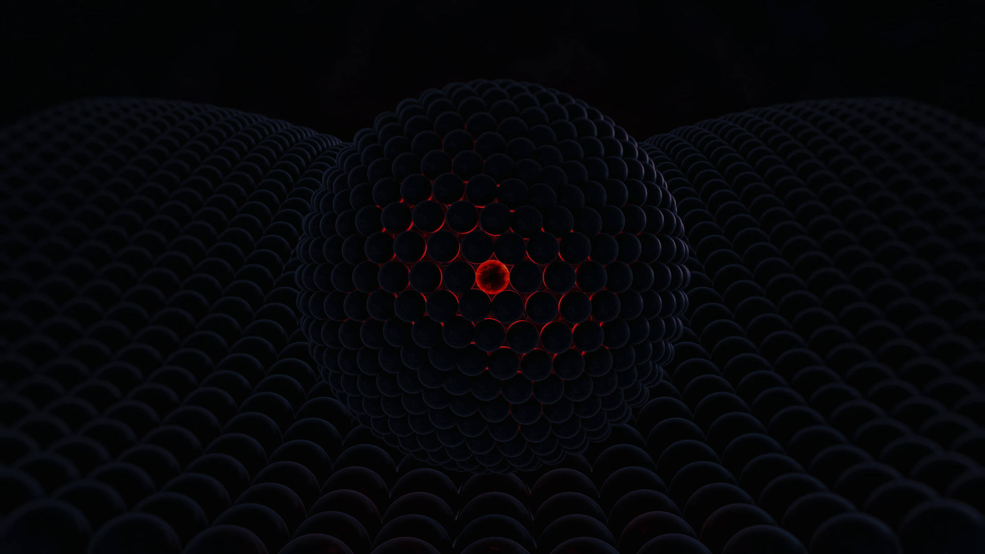 一個黑暗球體，帶有發光紅色中心和重複圓形圖案 — 3D 壁紙