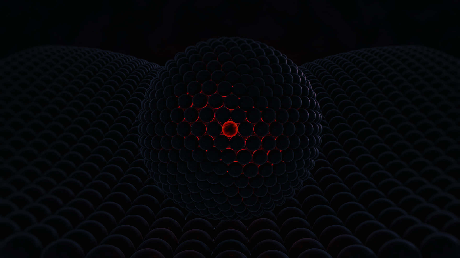 一個發光的紅色核心在黑色背景上的暗色球體球體內。 — 3D 壁紙