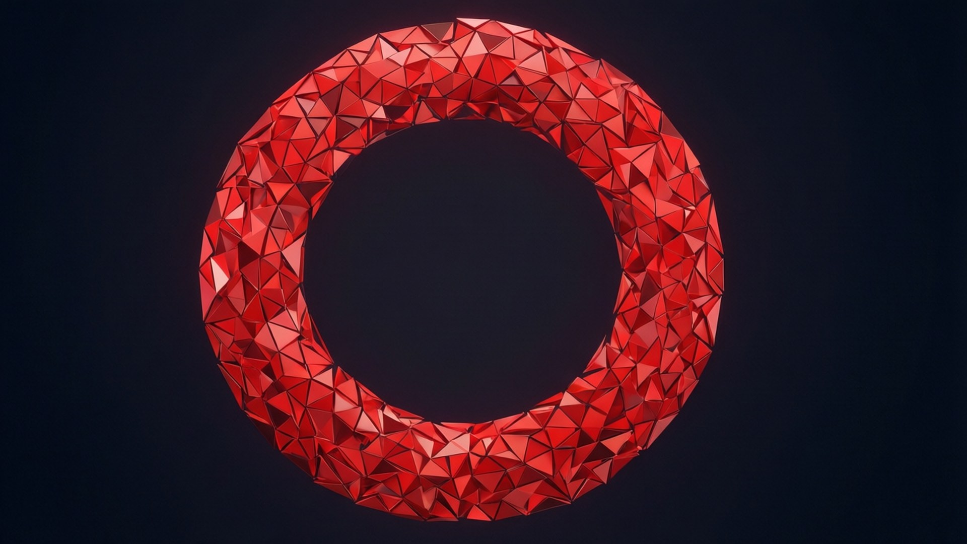 Low Poly Red Circle 壁紙 — 一個由三角形面組成的發光紅色幾何環漂浮在深色背景上。
