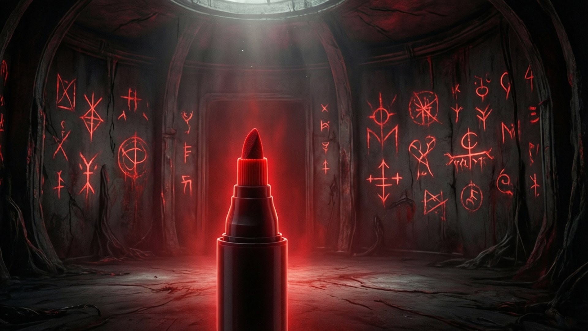 Red Marker Glowing Room 壁紙 — 一支發光的紅色唇膏立在一個黑暗的石室中，牆上有發光的紅色神秘符號。