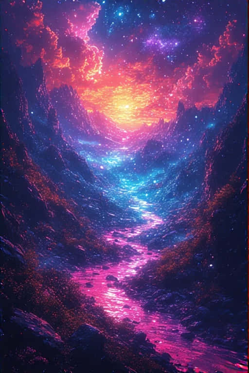 一條發光的河流在充滿活力的宇宙日落下蜿蜒穿過佈滿星星的峽谷。 — 4K 壁紙