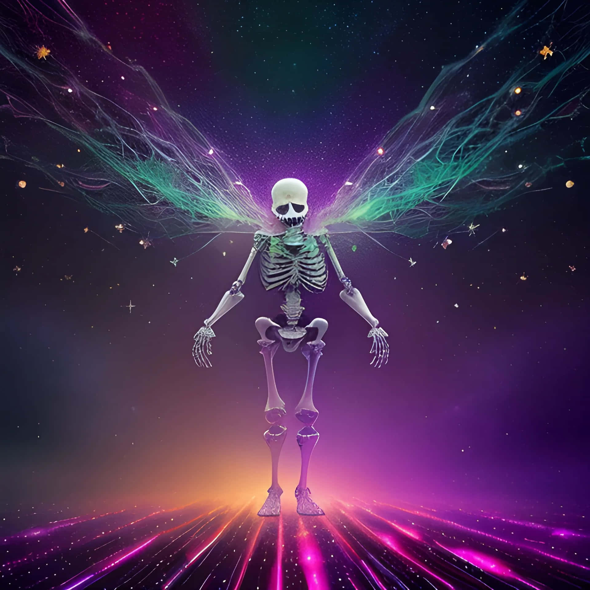  壁紙 — 一個發光的骷髏帶有飄逸的翅膀，站在一條閃耀的宇宙路徑上，下方是繁星點點的紫色星雲。