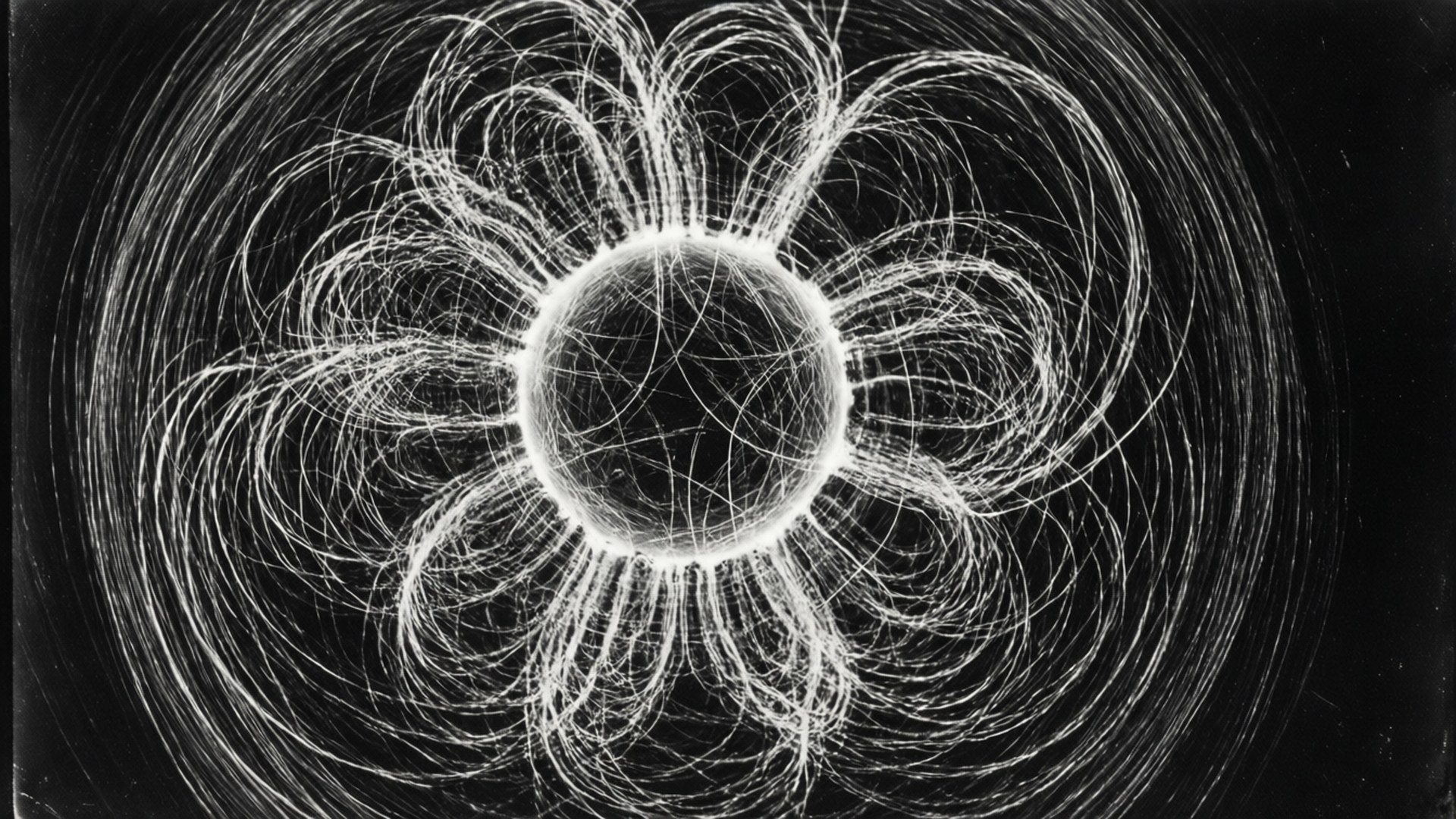 Particle Physics 桌布 壁紙 — 一個發光的球體在純黑色背景上發出複雜的白色磁場線。