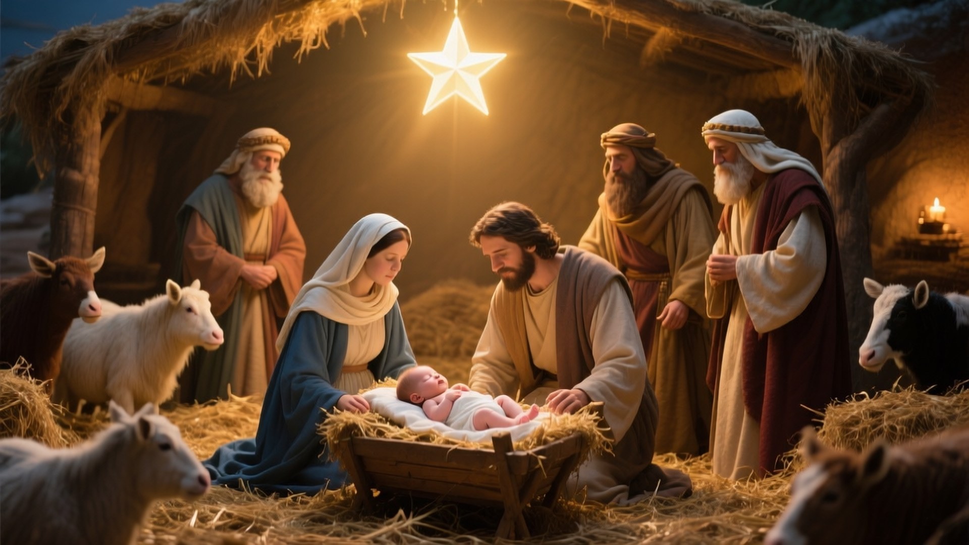Holy Nativity Morning 壁紙 — 一顆閃亮的星星懸掛在馬槽裡的新生嬰兒上方，瑪利亞、約瑟和牧羊人敬畏地注視著，周圍是羊和乾草。