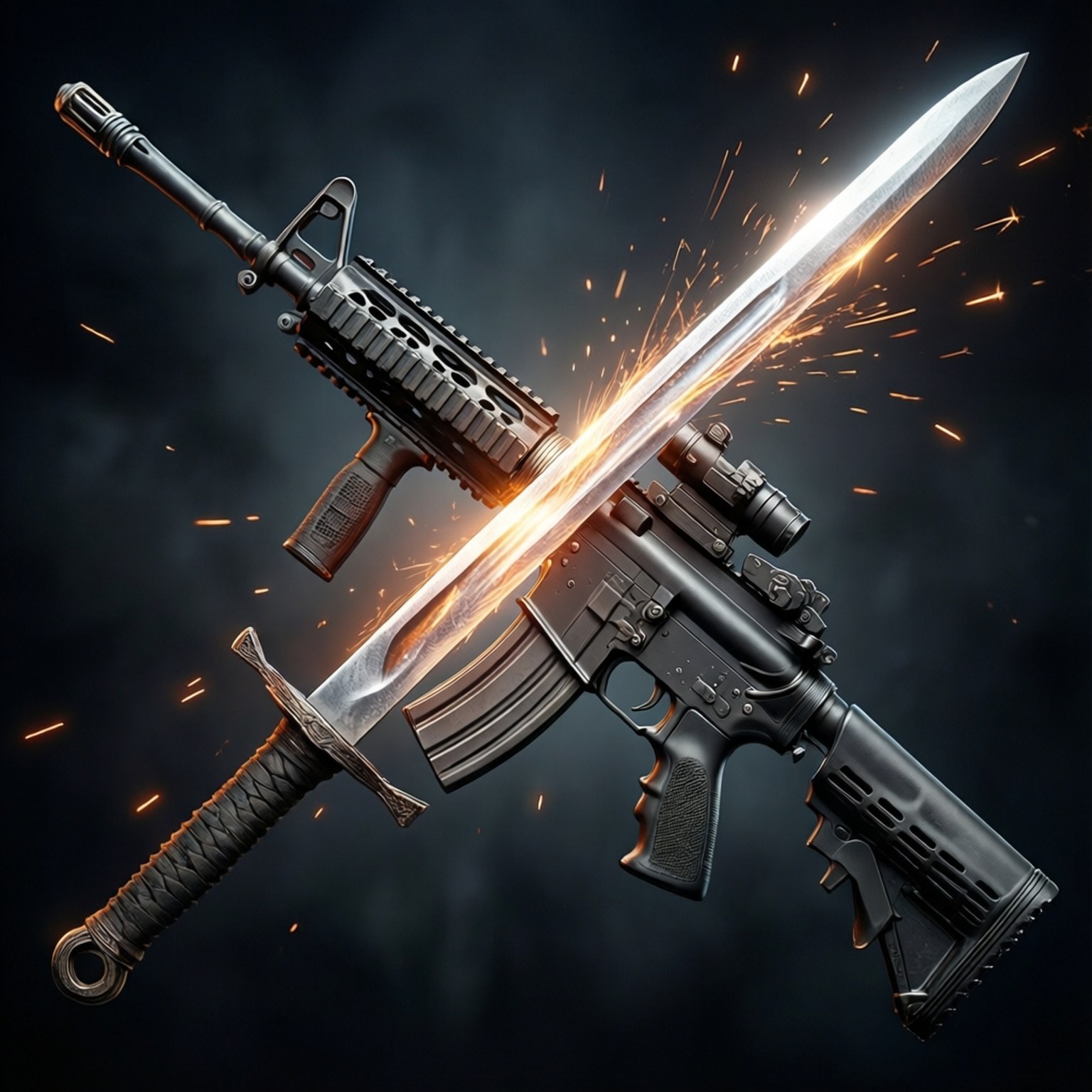 Weapons of Reach 壁紙 — 一把發光的劍與現代突擊步槍碰撞，在黑暗煙霧背景中迸發火花。