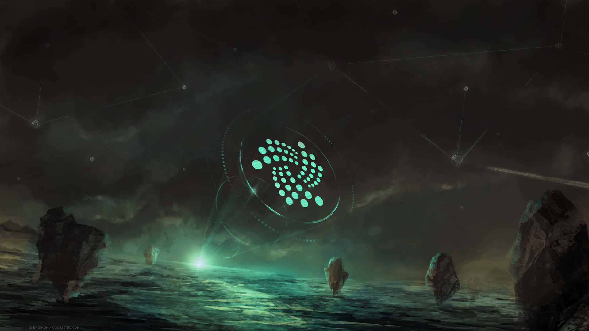 一個發光的外星文物在夜間懸浮在黑暗的海洋上。 — 4K 壁紙