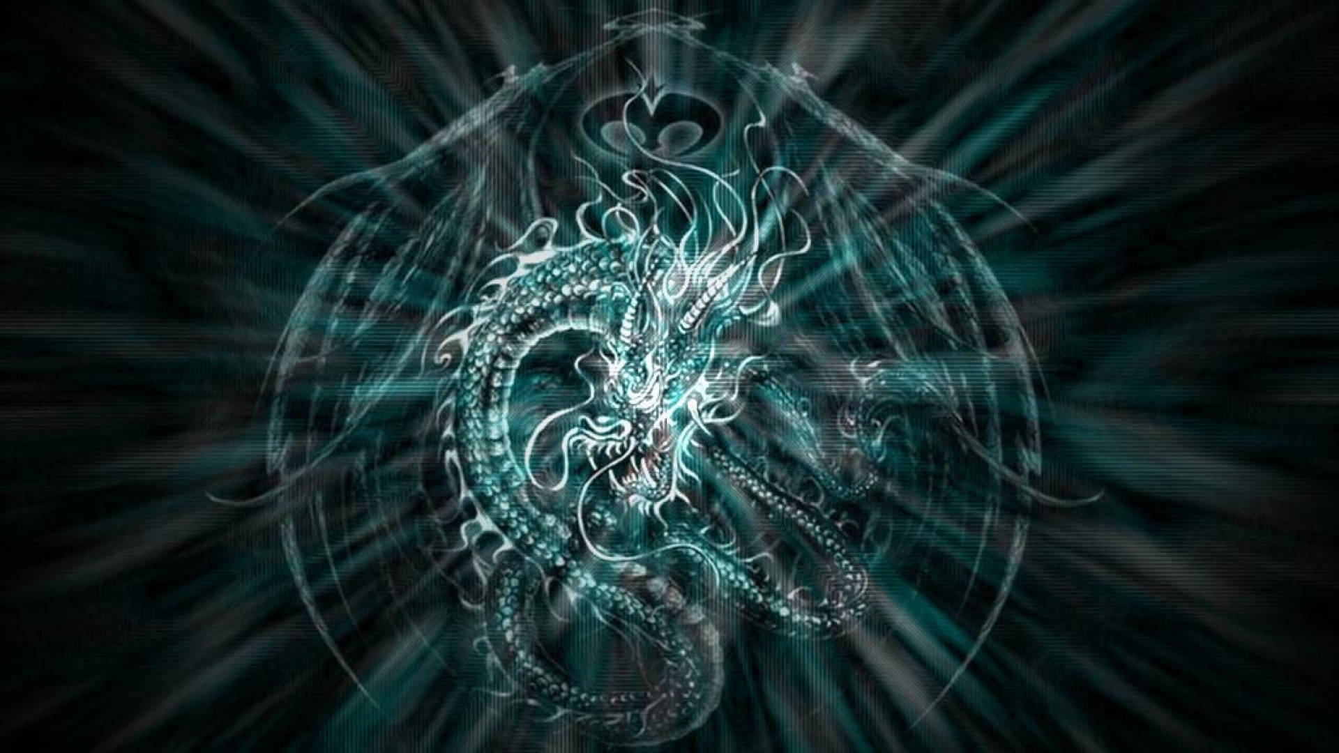 一隻發光的青綠色龍，帶有複雜的鱗片和翅膀，在黑暗背景中散發能量。 — 中國龍 壁紙