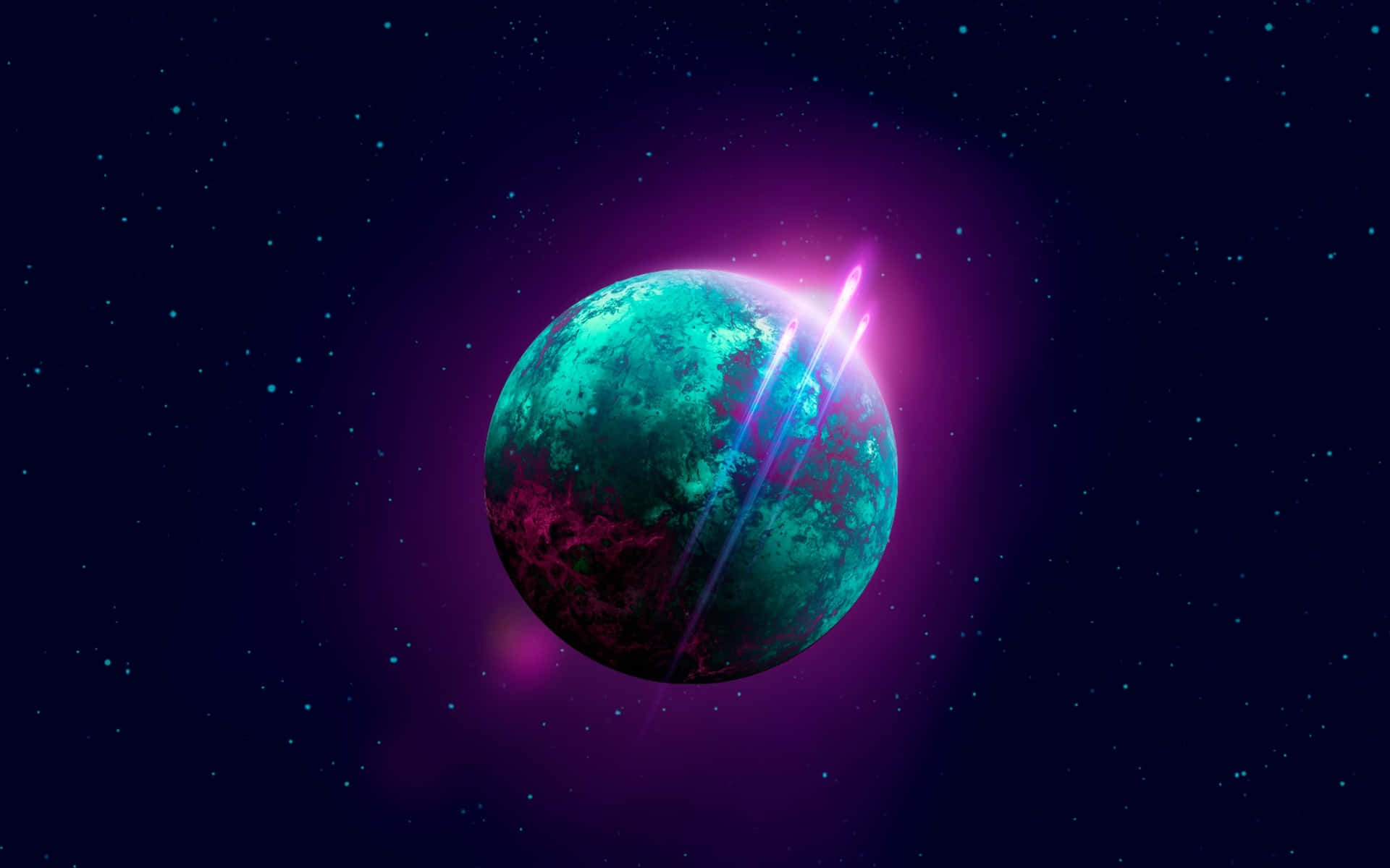  壁紙 — 一顆發光的青綠色行星，帶有紫色極光和明亮的光束，在繁星點點的宇宙背景下閃耀。