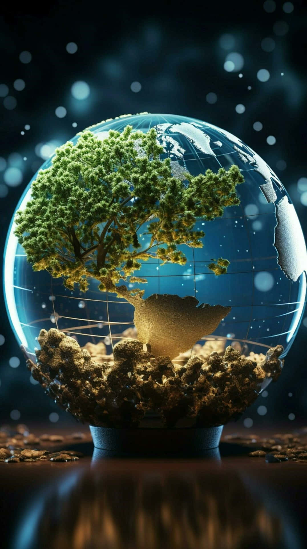  壁紙 — 一棵發光的樹從玻璃球內的金色土壤中生長，在繁星點點的夜空下顯現出地球的大陸。