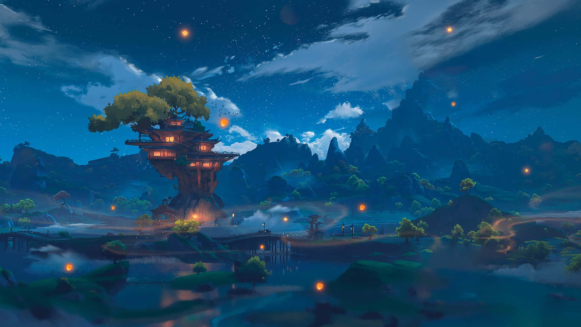  壁紙 — 一個發光的樹屋村莊漂浮在霧氣瀰漫的水面上，星空下遠山依稀可見。