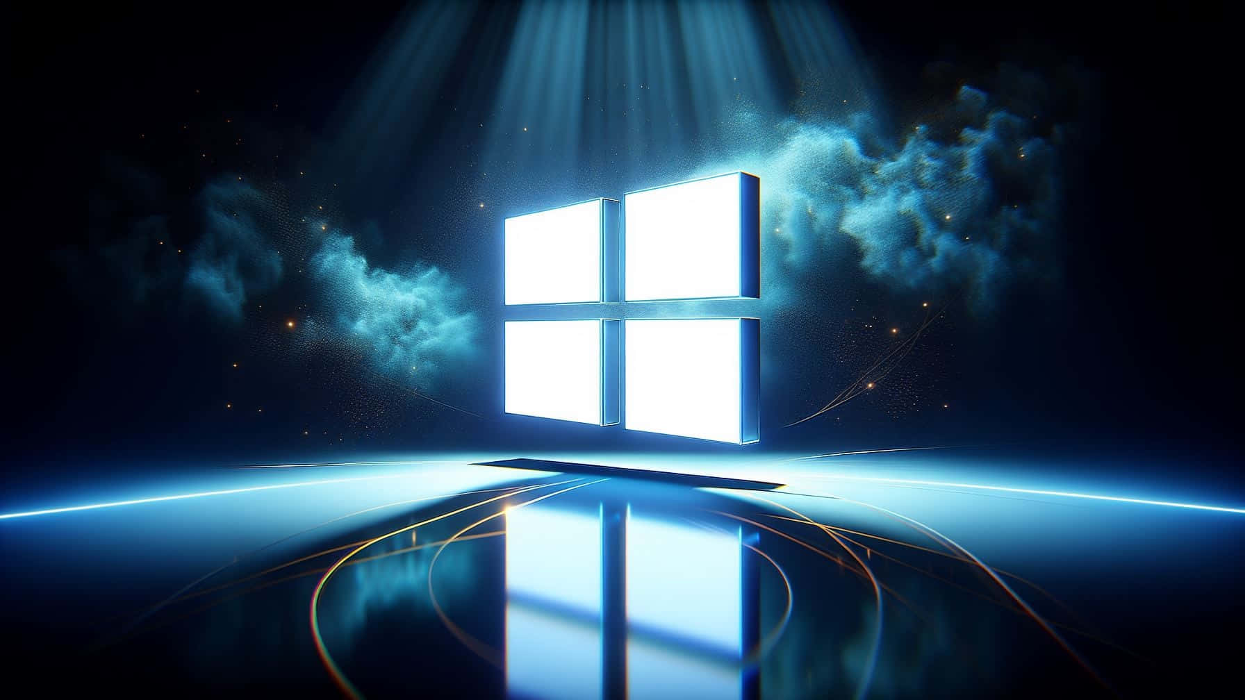  壁紙 — 一個發光的Windows標誌從黑暗的宇宙場景中散發出光芒，伴隨著旋轉的藍色雲朵和反射的地面。