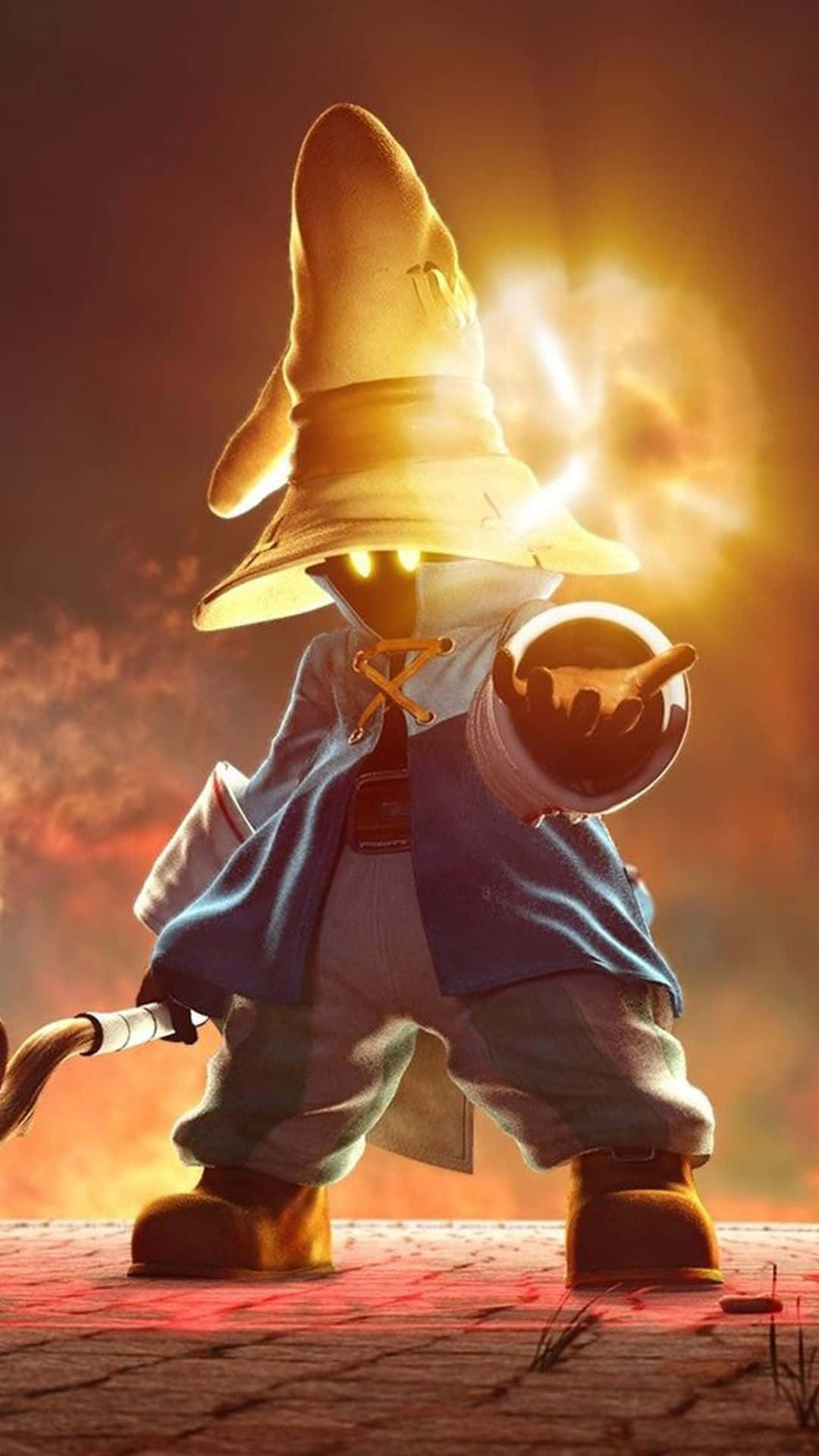 Final Fantasy Ix 桌布 壁紙 — 一位戴著高帽、發光的巫師，用魔杖對著熾熱的日落天空施展魔法。