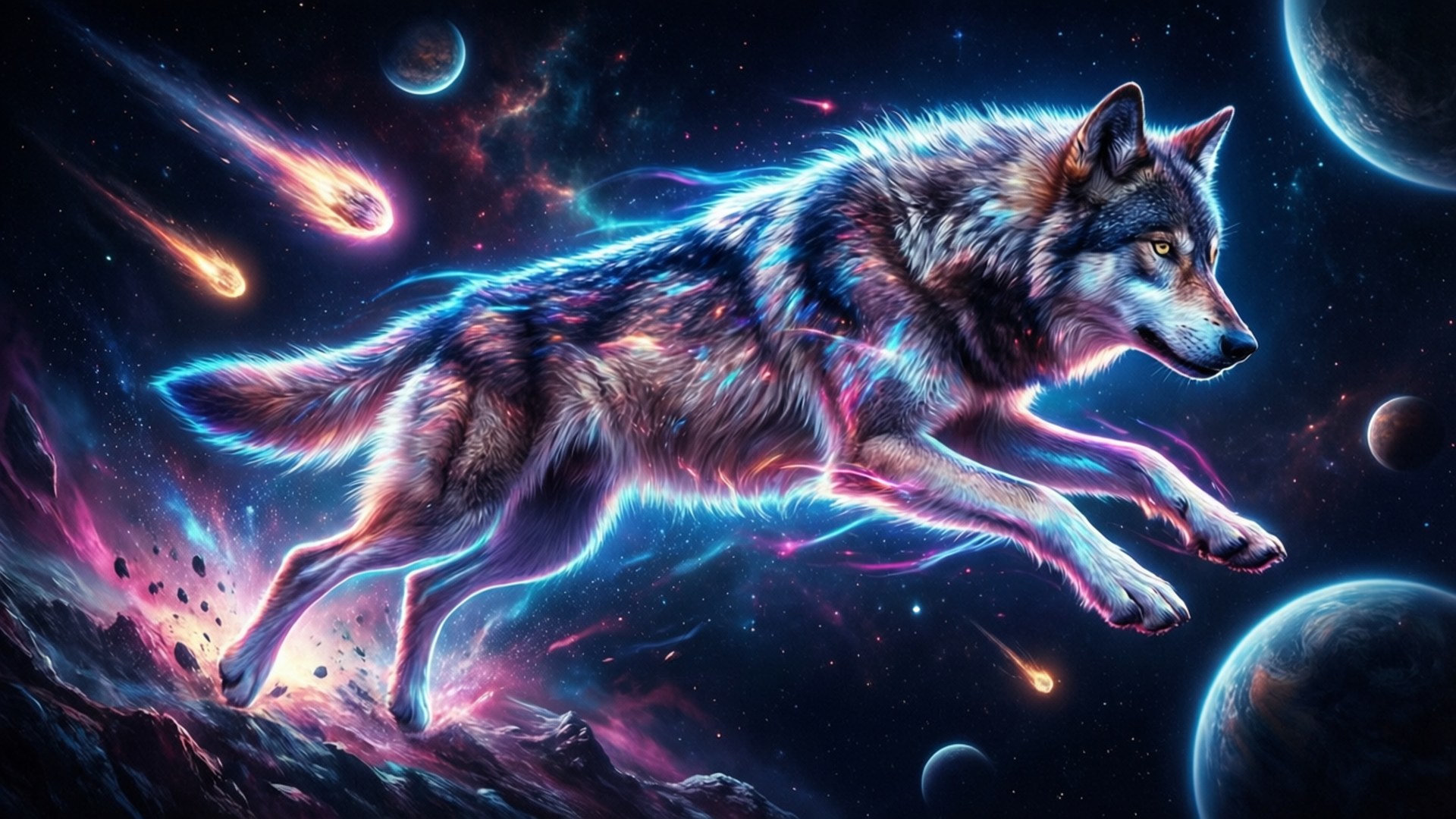 Leap Across the Void 壁紙 — 一頭發光的狼跳過一個宇宙場景，其中有行星、流星和星雲，呈現鮮豔的藍色、粉紅色和紫色。