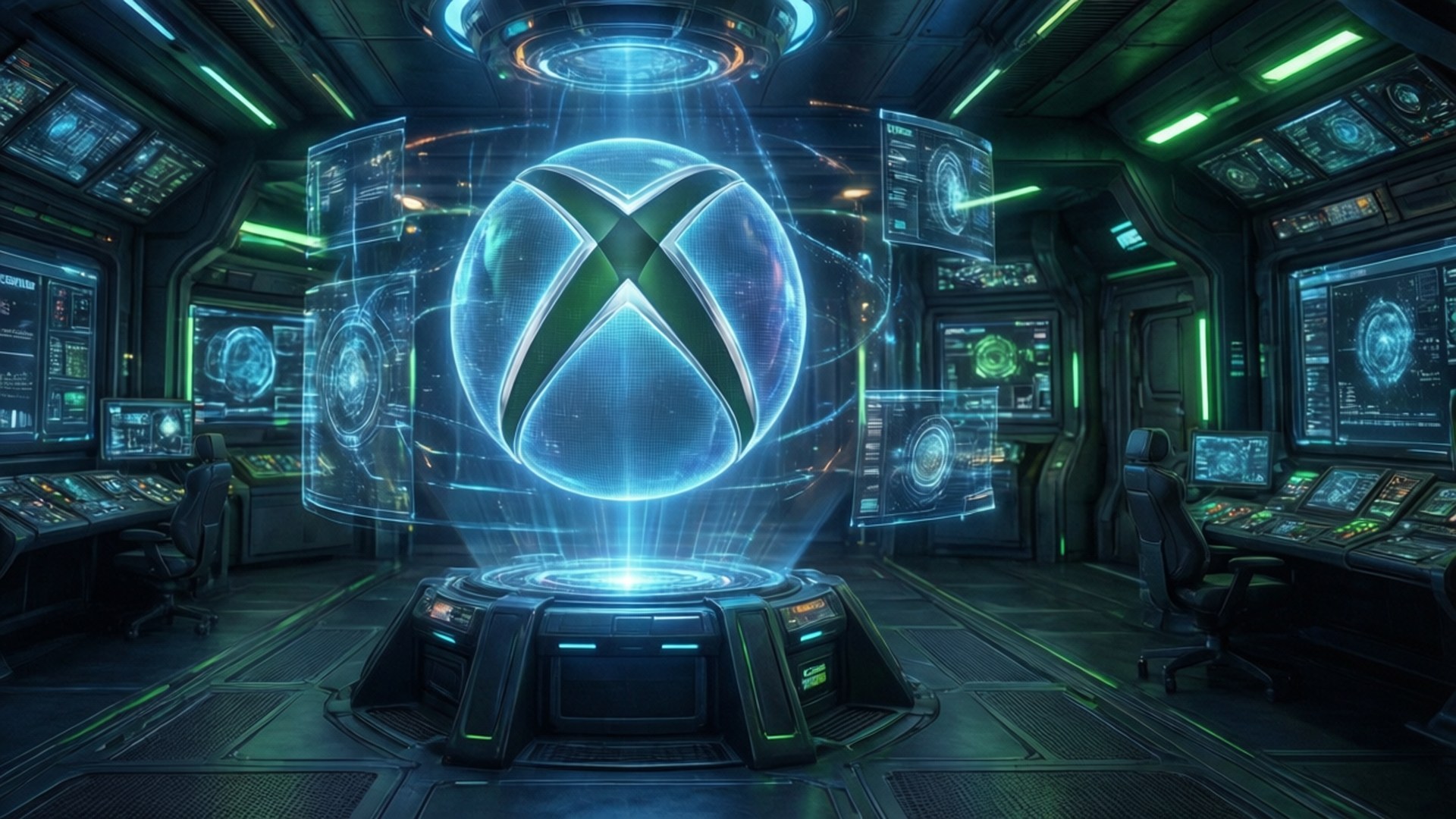 Holographic Xbox Logo 壁紙 — 一個發光的Xbox標誌懸浮在充滿全息顯示器和霓虹綠燈光的未來控制室中。