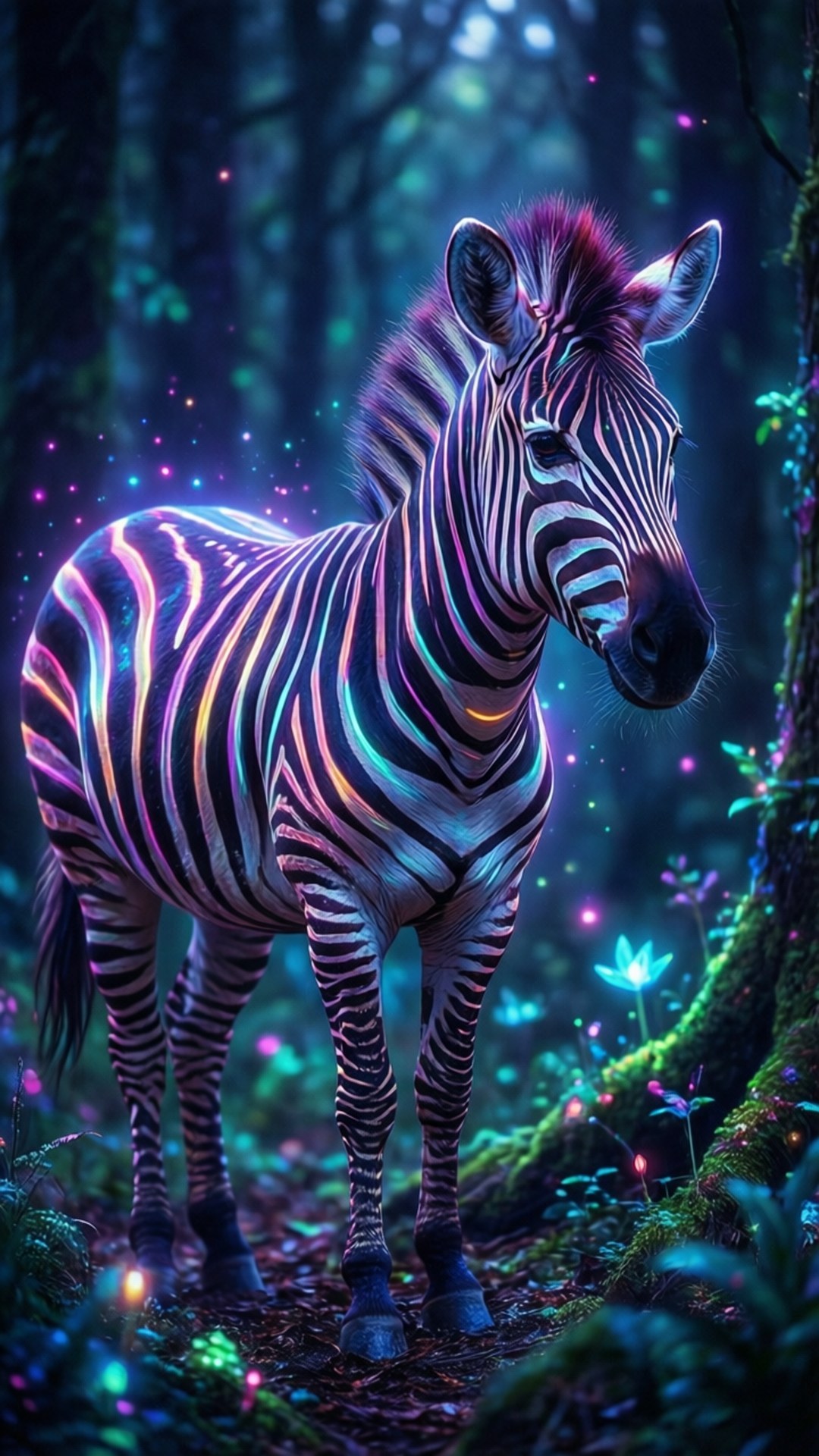 Glowing Zebra Fantasy 壁紙 — 一匹發光的斑馬帶有霓虹條紋，站在一個沐浴在紫色和藍綠色生物發光中的神秘森林裡。