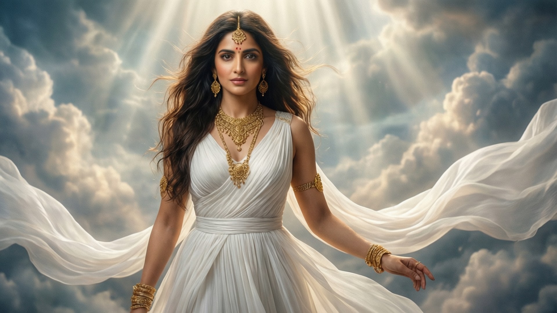 Divine Goddess 壁紙 — 一位身穿飄逸白袍和金色珠寶的女神站在暴風雲中，神聖的光芒從上方迸發而出。